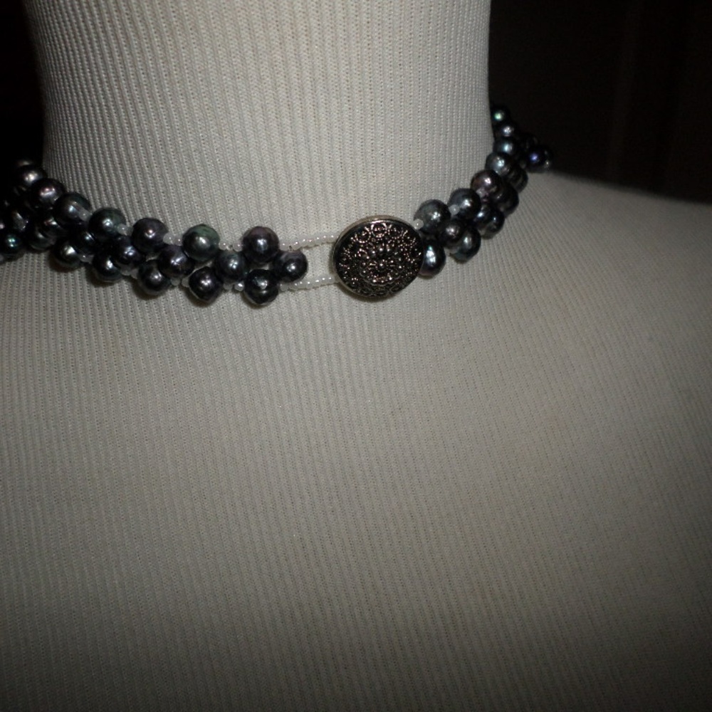 Black Stone Silver Beaded Statement Necklace - image 3